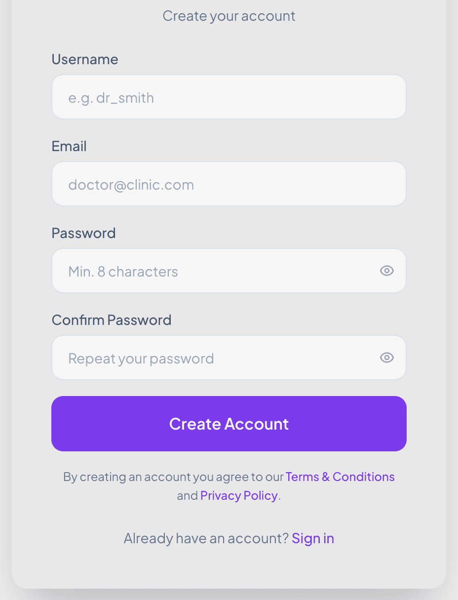 The portal’s account request form: username, email and password, with a Create Account button