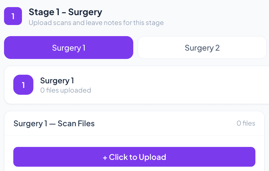 A stage open inside the portal: its Surgery 1 to 4 sub-stages, the files-uploaded count, and the scan-file upload button